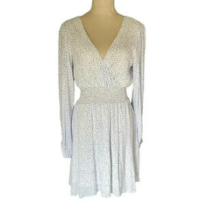 Gianni Bini Rory Delta VNeck Balloon Sleeves Wht Blue Smocked Waist Mini Dress M